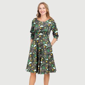 Eva Rose Floral Frog Print Fit & Flare 3/4 Sleeve Dress With Pockets